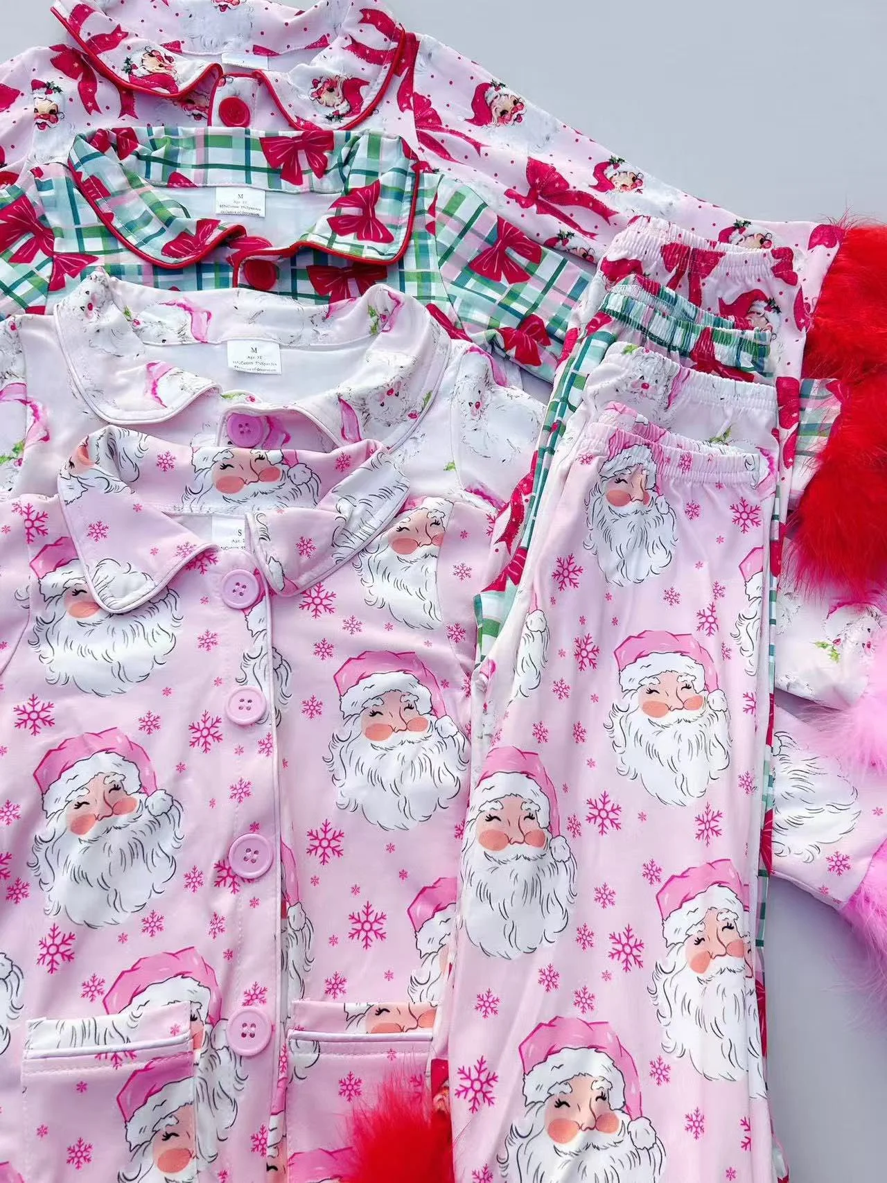 GLP2372 Summer Boutique kids clothes girl Christmas bow pattern plush edge long sleeve pants sets Wholesale baby girls clothes