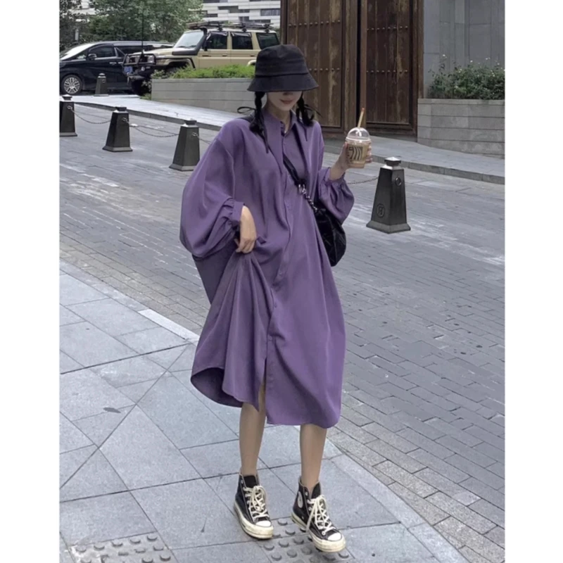 

Spring New Design Loose Long Sleeve Shirt Dress Women Casual Style Button up mid Length Outerwear Cotton Polyester Blend