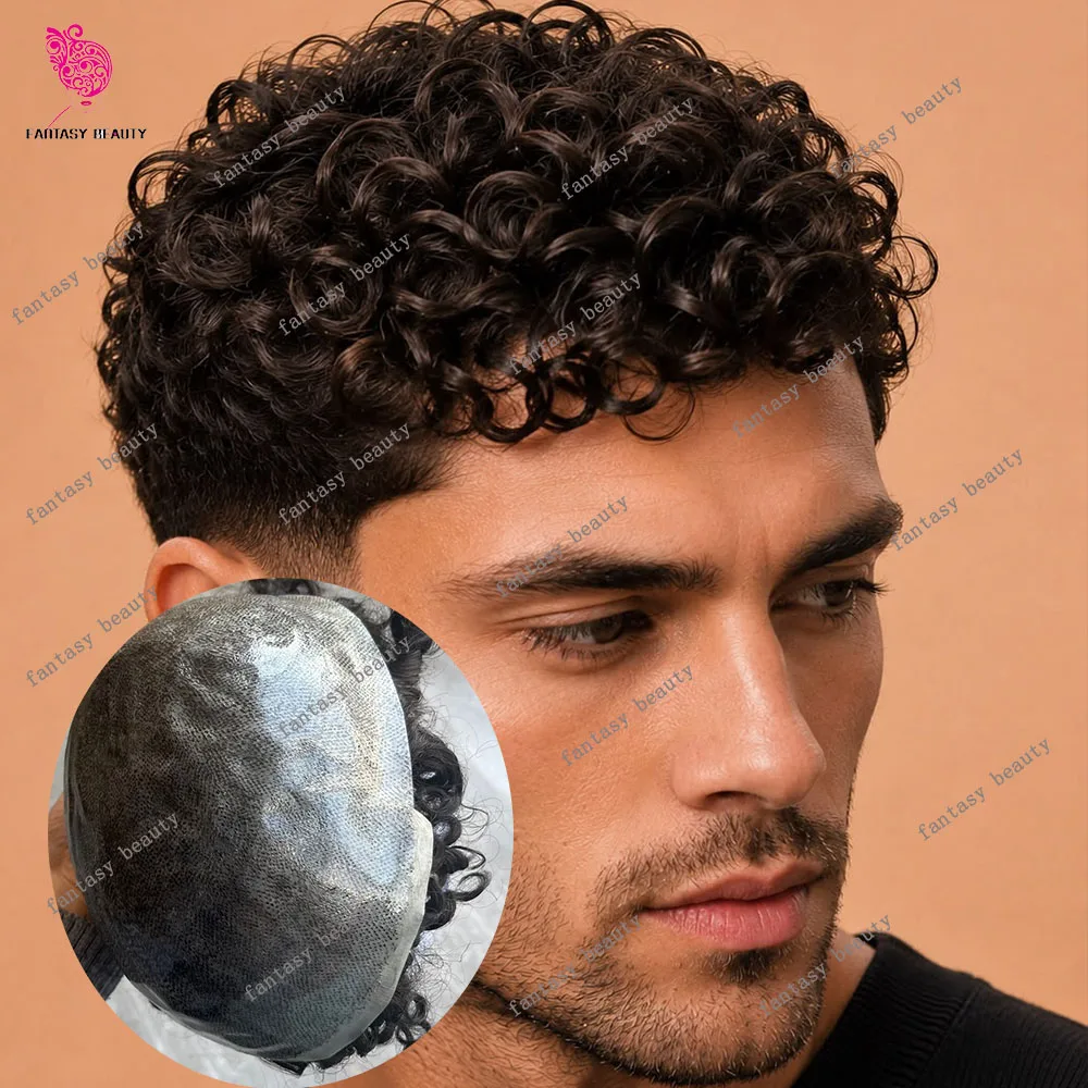 Afro 18mm Curly Men's Human Hair Toupee Cheap 0.1mm Injected Thin Skin Durable Natural Front Hairline Prosthetic Replacement Wig