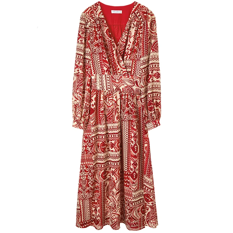 SENTUBILA Boho Chiffon Dresses For Women 2026 Spring High Waist V-neck Lantern Long Sleeve Midi Vacation Dress Female 133L50525