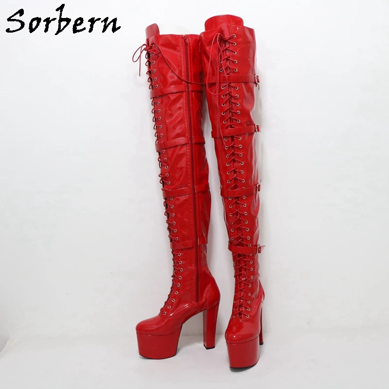 Sorbern 15Cm Block Heel Boots Women Crotch Thigh High Red Shiny 4 Straps Punk Style Platform Chunky Heels Custom For Drag Queens