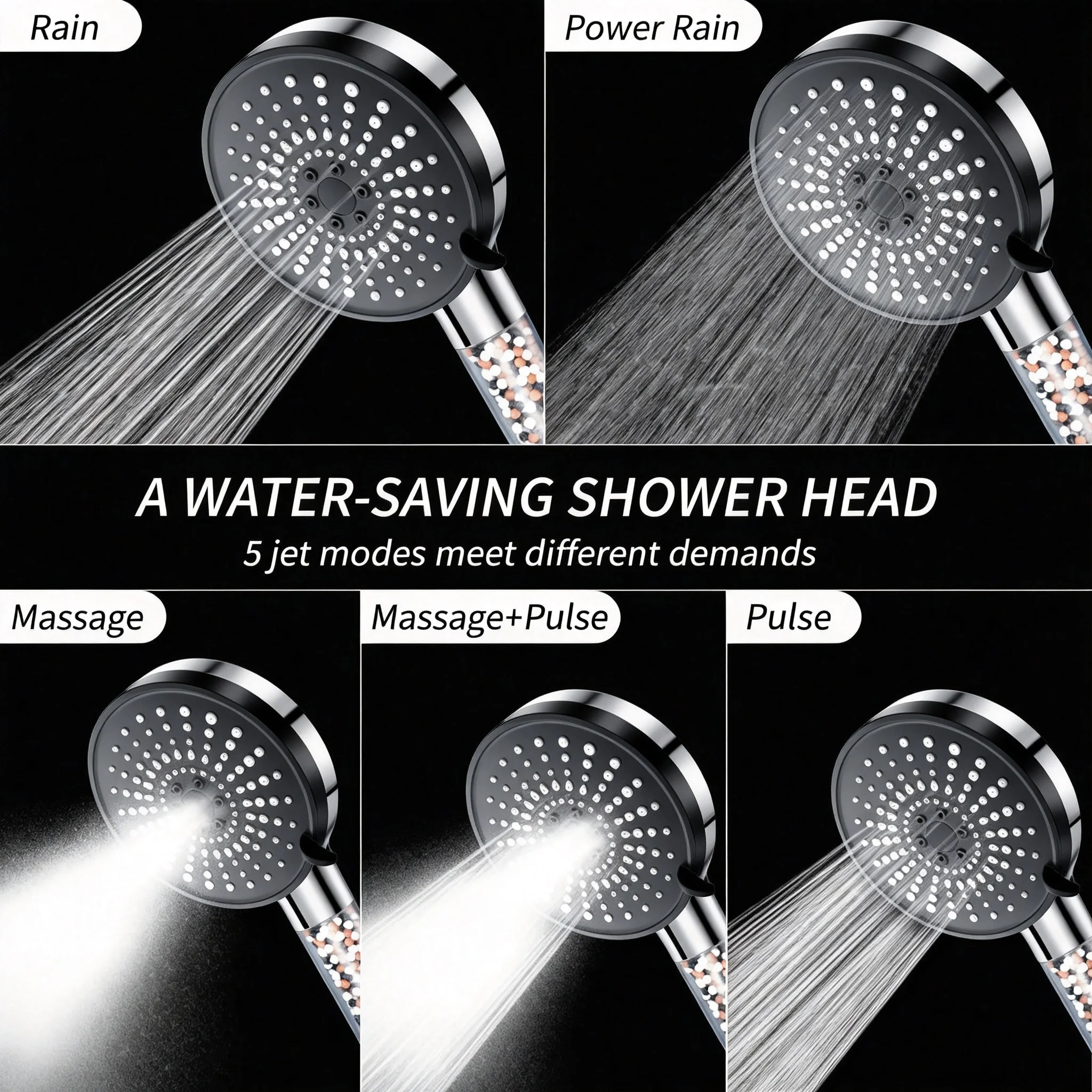 Handheld Shower Head Combo with Purifying Mineral Stone Filter High Pressure Rain Spray Flexible Corrosion Resistant Hose