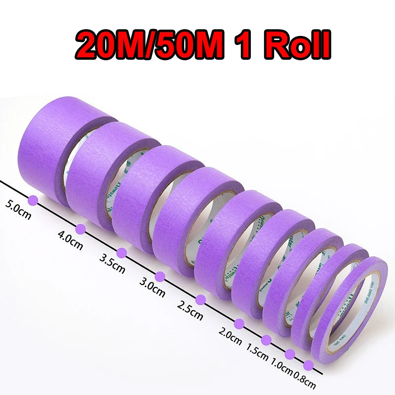 20/50M 1Roll Masking Tapes Purple 12mm-30mm Hand Tear Adhesive Paper for Car Beauty Spray Wall Painting Easy Removal Paint Tape