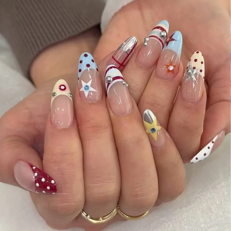 24PCS Medium Almond Press on Nails Blue French Red Polka Dots French Fake Nails for Women Colorful Star Plaid Glossy False Nails