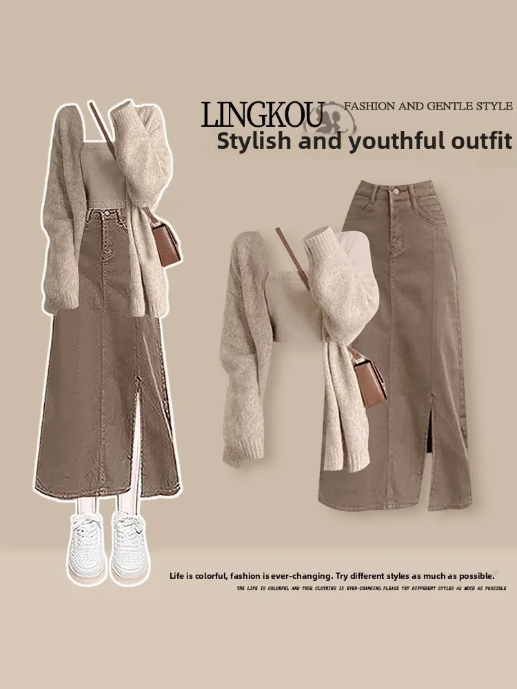 

Вязаный комплект из свитера и джинсовой юбки для женщин, осенняя коллекция, повседневный модный костюм