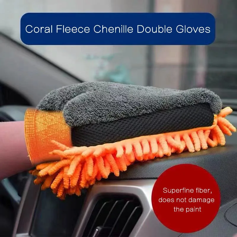 2pcs Waterproof Car Wash Microfiber Chenille Gloves Thick Car Cleaning Mitt Wax Detailing Brush Auto Care Double-faced Glove