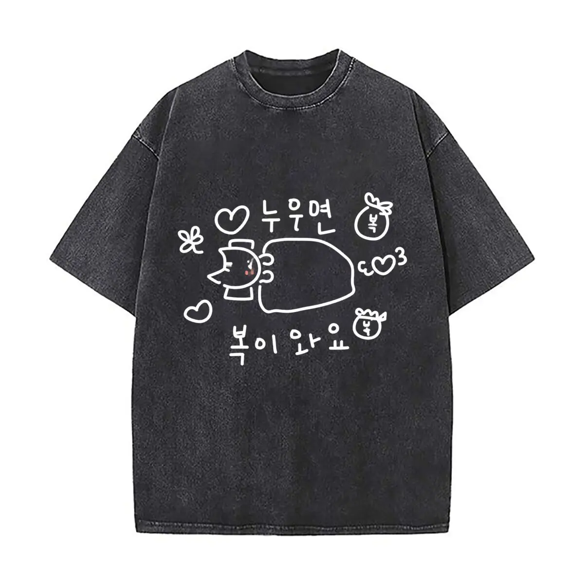 Korean Cat Happy Life Doodle Kawaii Line Art Meme Graphic Washed Short Sleeve Loose Streetwear Tee Hip Hop