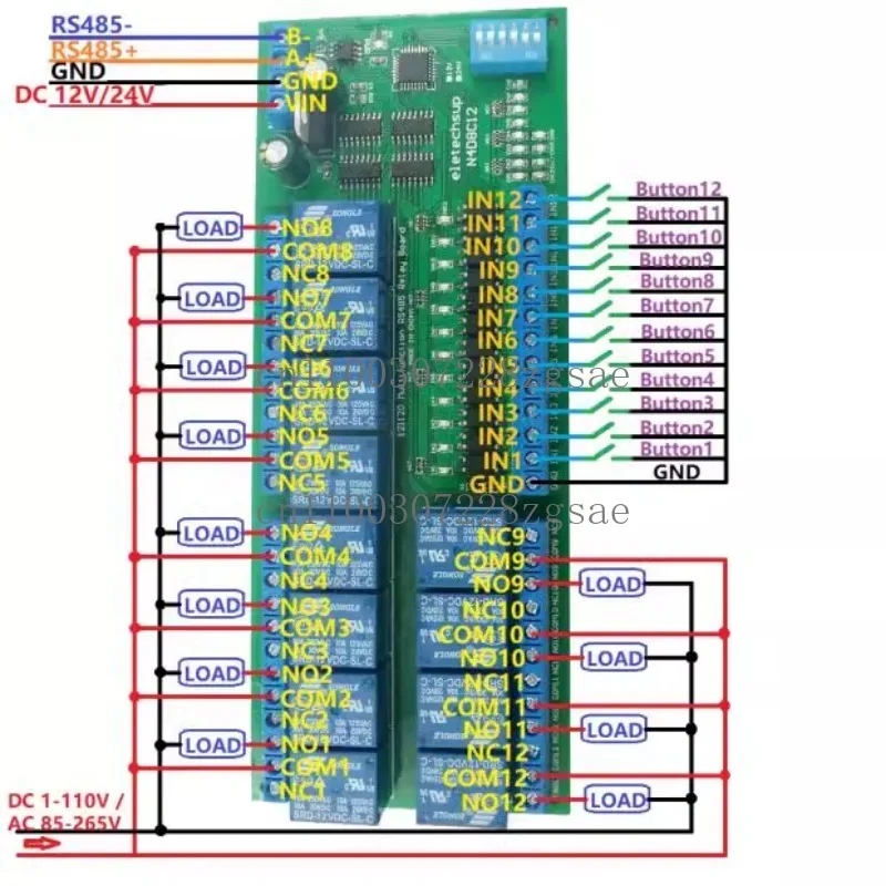 Isolated 12 in 12 out RS485 Relay Modbus RTU Protocol DIN35 Rail Housing PLC Extension Board/Spot