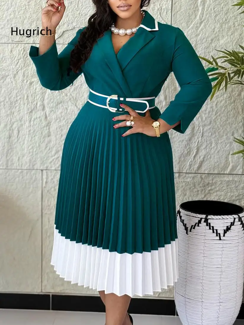Solid Color V Neck Midi Dress Women Structured Collar And Flowy Pleated Hem Ideal For Daily Or Professional Setting
