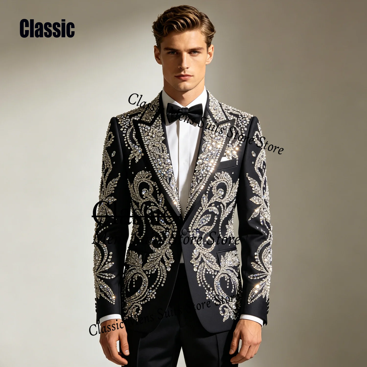 

Luxury Paillette Gem Suit For Men Exquisite Groom Party Male Blazer 2 Piece Sets Customized Slim Fit Tuxedos Wedding Ropa Hombre