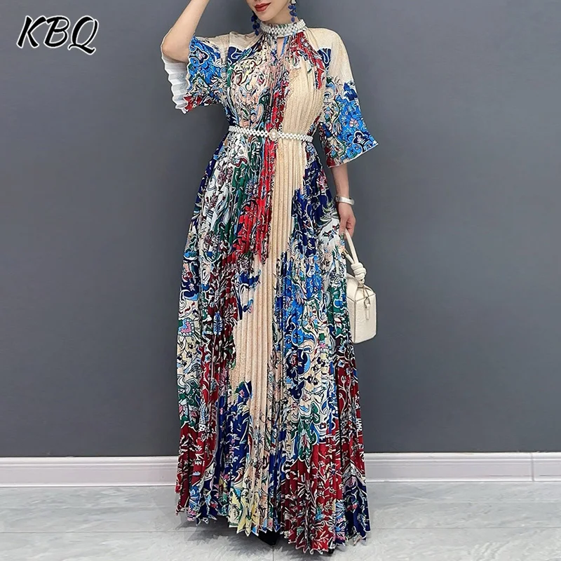 

KBQ Hit Color Printing Long Dresses For Women Stand Neck Short Sleeve High Waist Slimming Vintage Folds Dress Female Fashion New