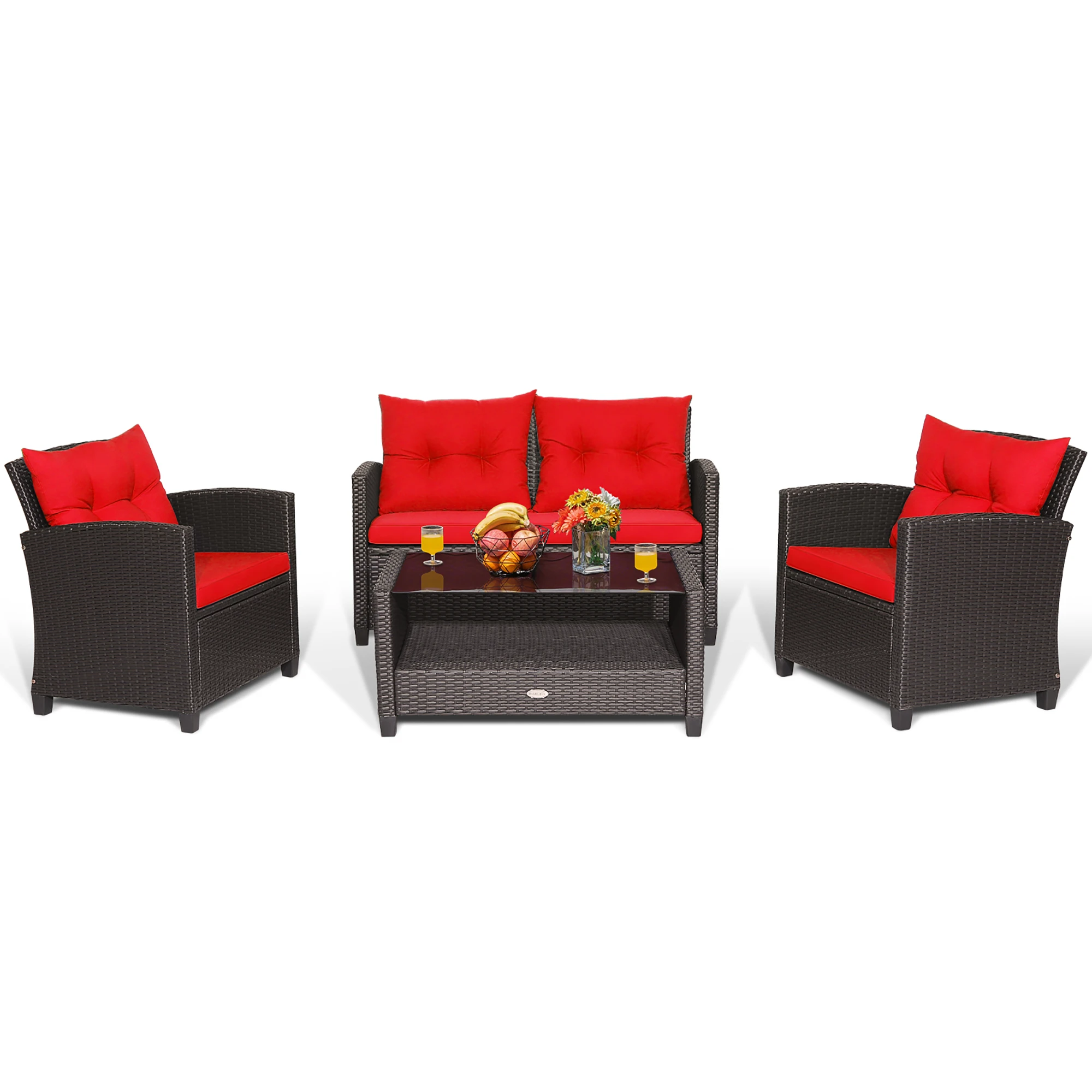 4 PCS Patio Rattan Furniture Set Glass Table Shelf Sofa Cushion Red