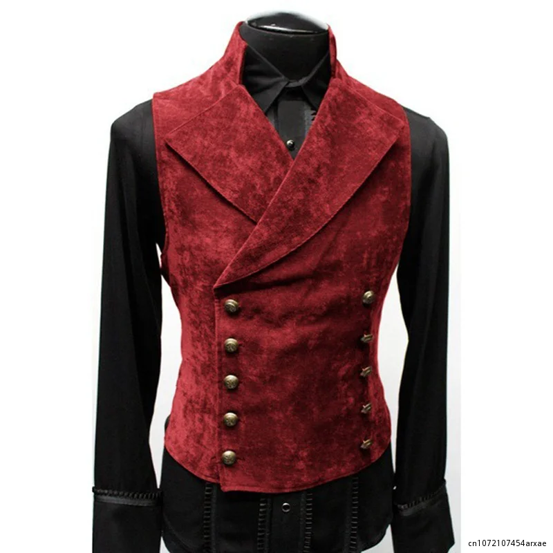 Mens Double Breasted Gothic Steampunk Velvet Vest Stand Collar Medieval Victorian Black Waistcoat Men Stage Cosplay Prom