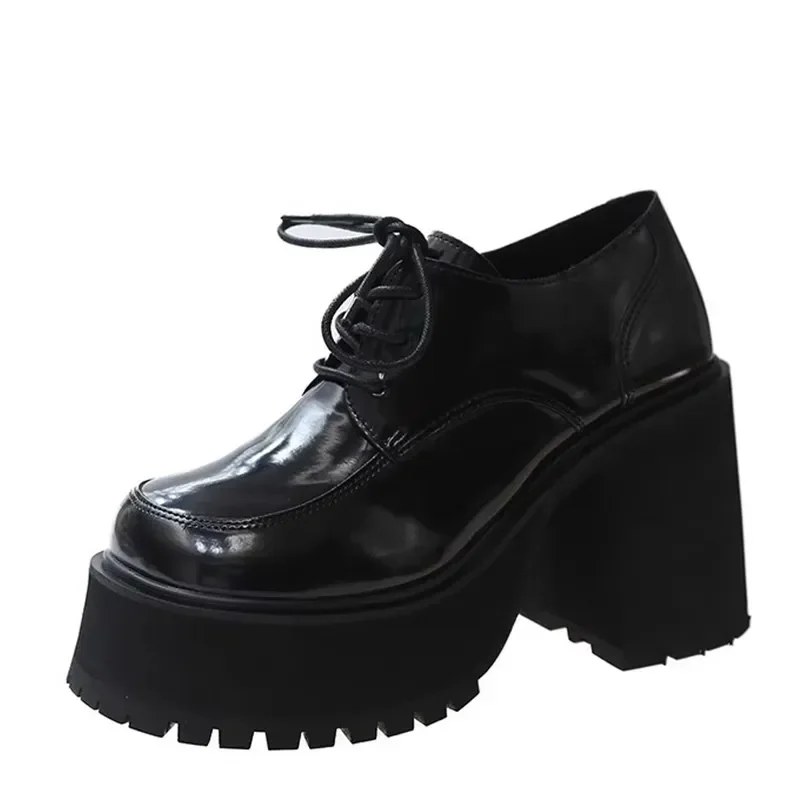 

10CM Women Platform Loafers Black Super High Chunky Heels Party Club Ladies British Slip-on Square Toe Thick Bottom Pumps