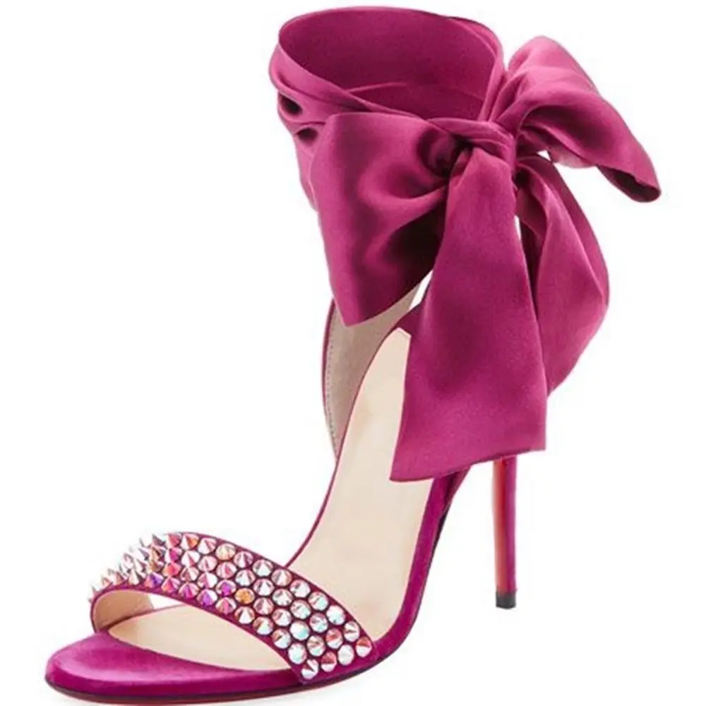 

Colorful Crystal Thin High Heel Sandals Women Ankle Strap Bow Tie Open Toe Party Dress Shoes Summer Stilettos