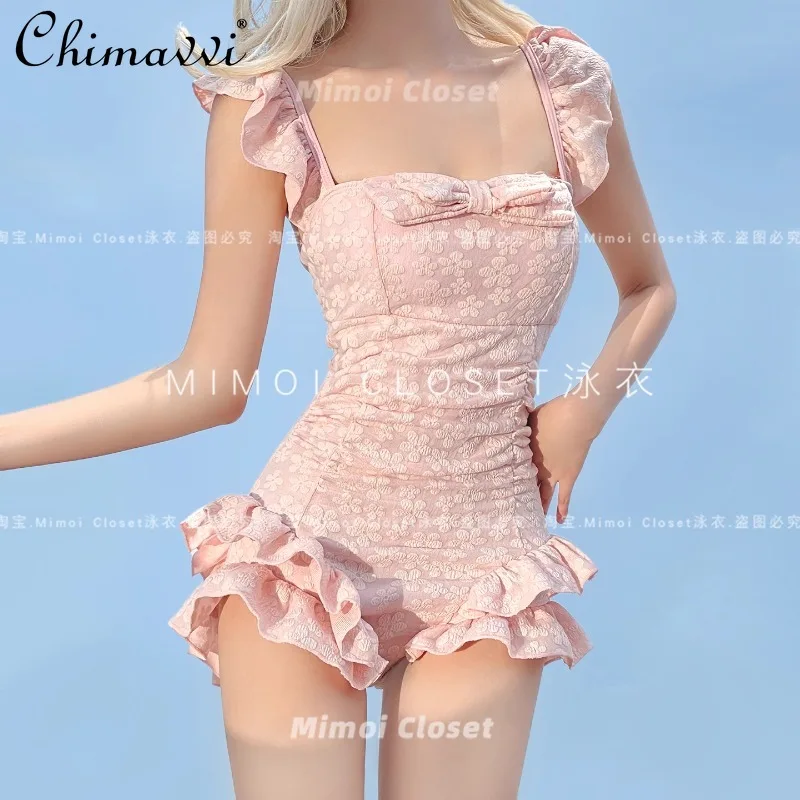 New 2025 Summer Clothes Sweet One-piece Cute Girl Pink Pure Desire Swimsuit Women's Sexy Slim-fit Temperament Beachwear