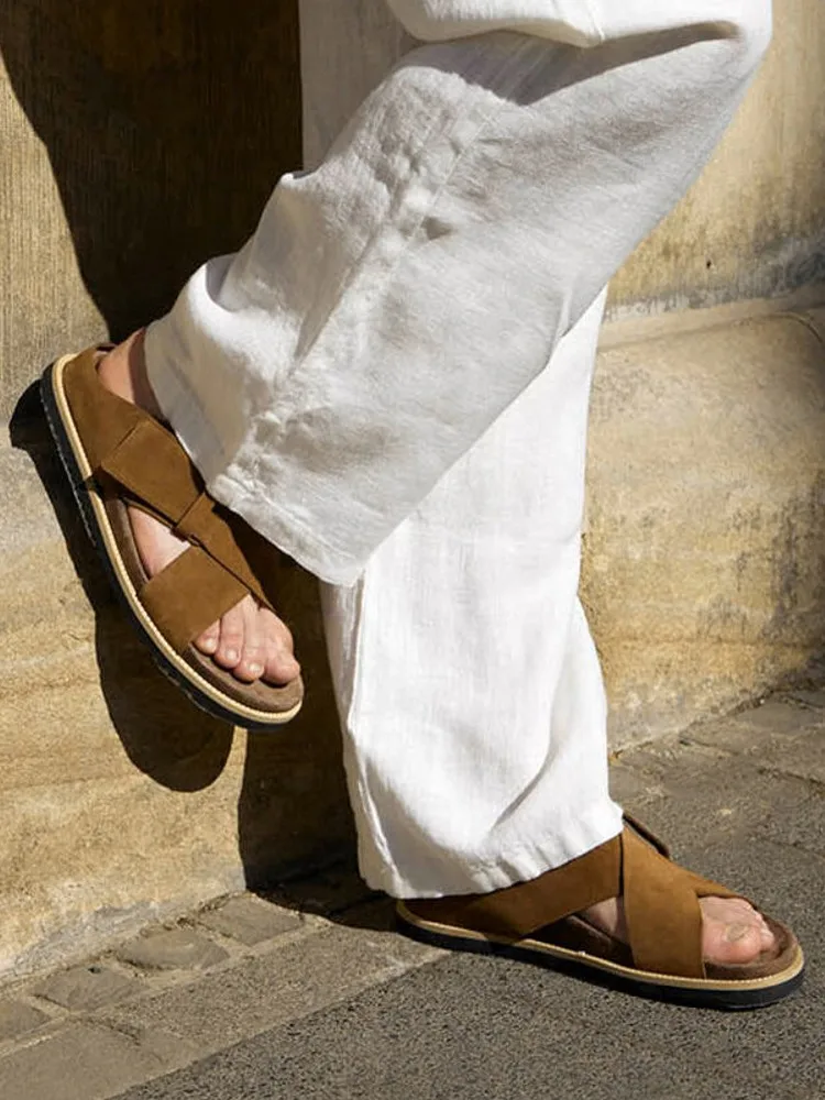 Vintage Summer Mens Casual Outside Slides Shoes Open Toe Real Cow Suede Leather Slippers Thick Platform Slip On Loafers Shoes