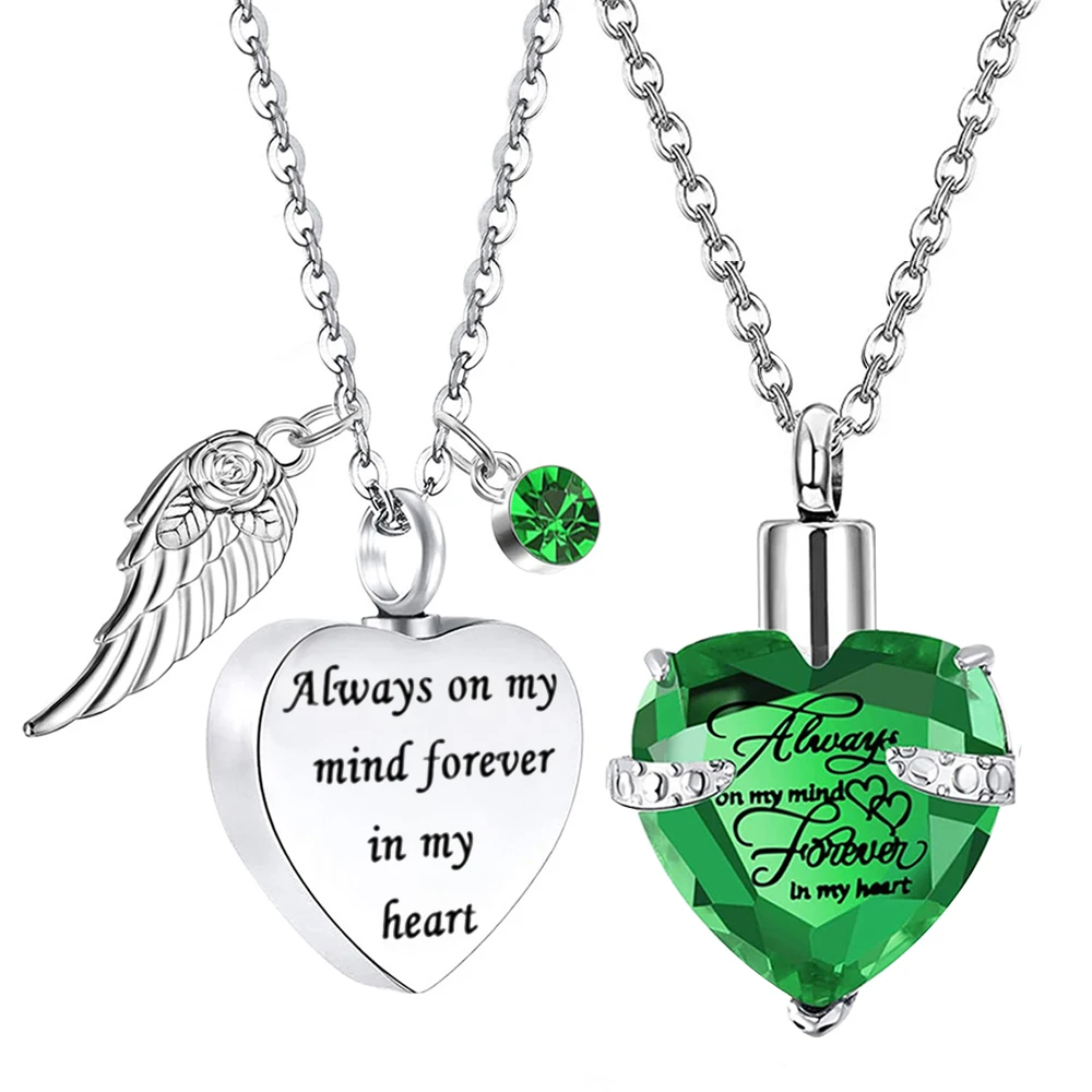 2Pcs Urn Necklaces for Ashes Heart Crystal Cremation Jewelry Memorial Pendant Birthstone Necklace- Always in My Heart