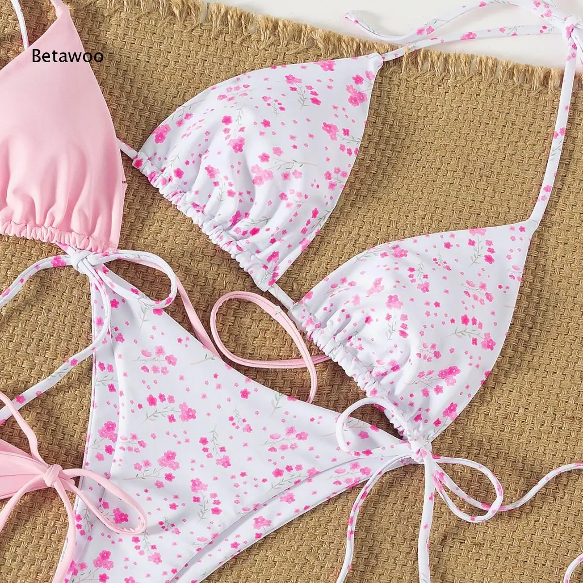 

Women's Floral Print Triangle Bikini Set with Solid Color Halter Top and Tie Side Bottoms Two Piece Swimsuit Beachwear for Summe