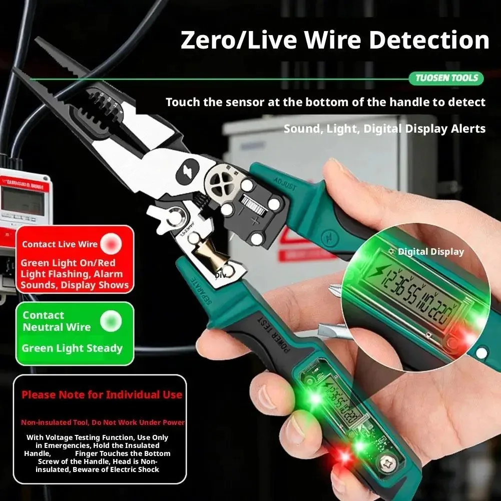 Electrician Pliers with Digital Voltage Tester, Multi-Function Wire Stripper & Cable Cutter, Heavy Duty Long Nose for Wiring