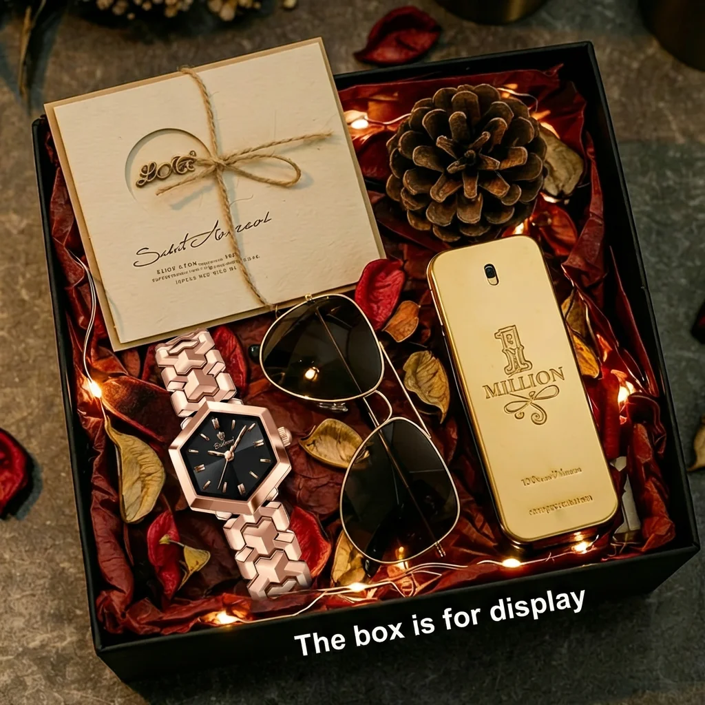 4pcs Women's Rose Gold Black Metal Elegant Heart-shaped Links Sunglasses Perfume Quartz Watch Gift Box Set Valentineentine's'Day
