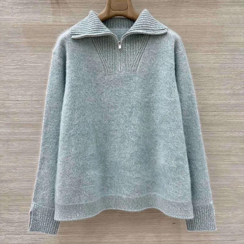 

High quality 100% goat fur half zip lapel women's sweater with metal logo woman pullover clothing 251213116