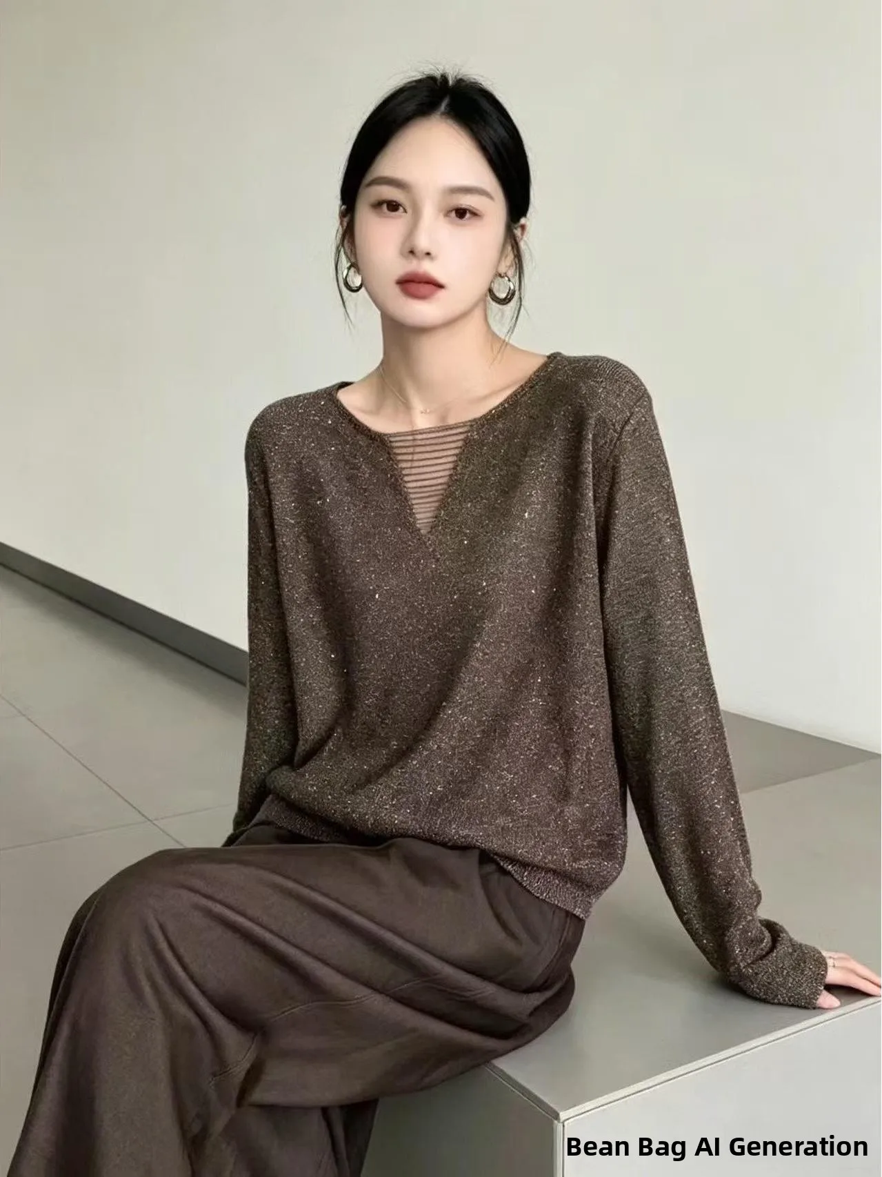  Sparkling V-Neck Knitwear Women's Slimming Thin Long Sleeve Loose Base Shirt Comfortable Soft Lenzing Fabric Sweater