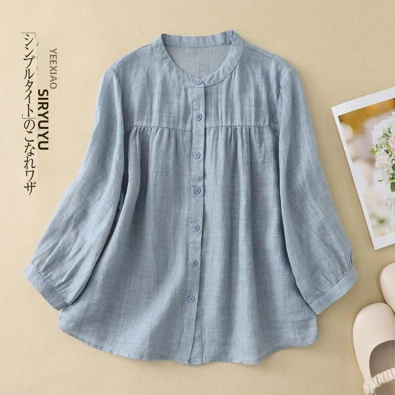 Loose Fit Cotton Linen Shirt Women's Spring Summer Thin Style Button up Slimming Seven Quarter Sleeve Shirt Casual Commute Style