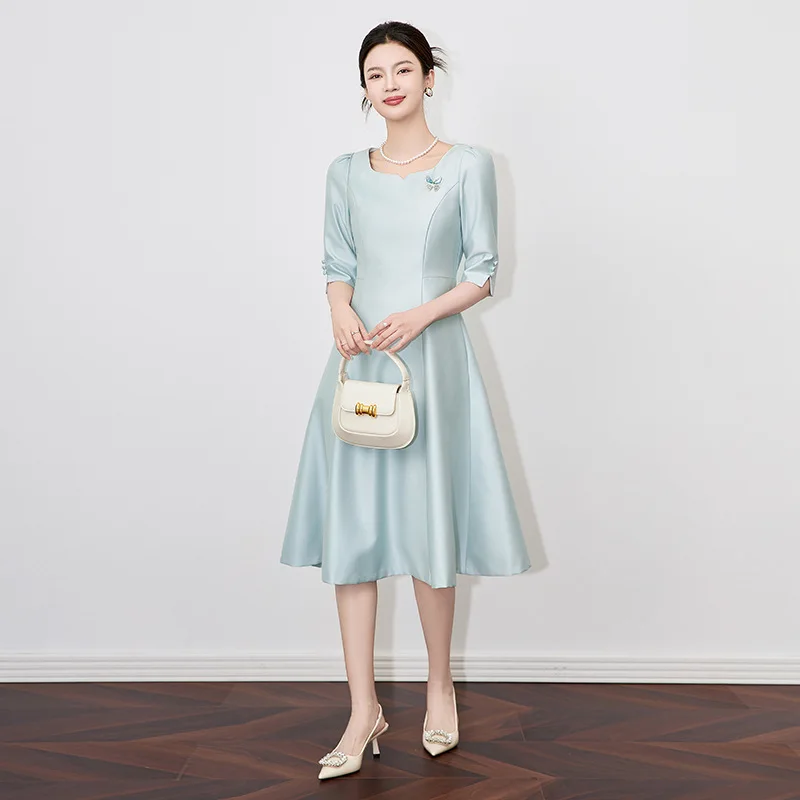 

2501711 -Nanyou French Rich Gold Light Luxury Dress High-Grade Square Collar Socialite Dress Women's Spring and Summer