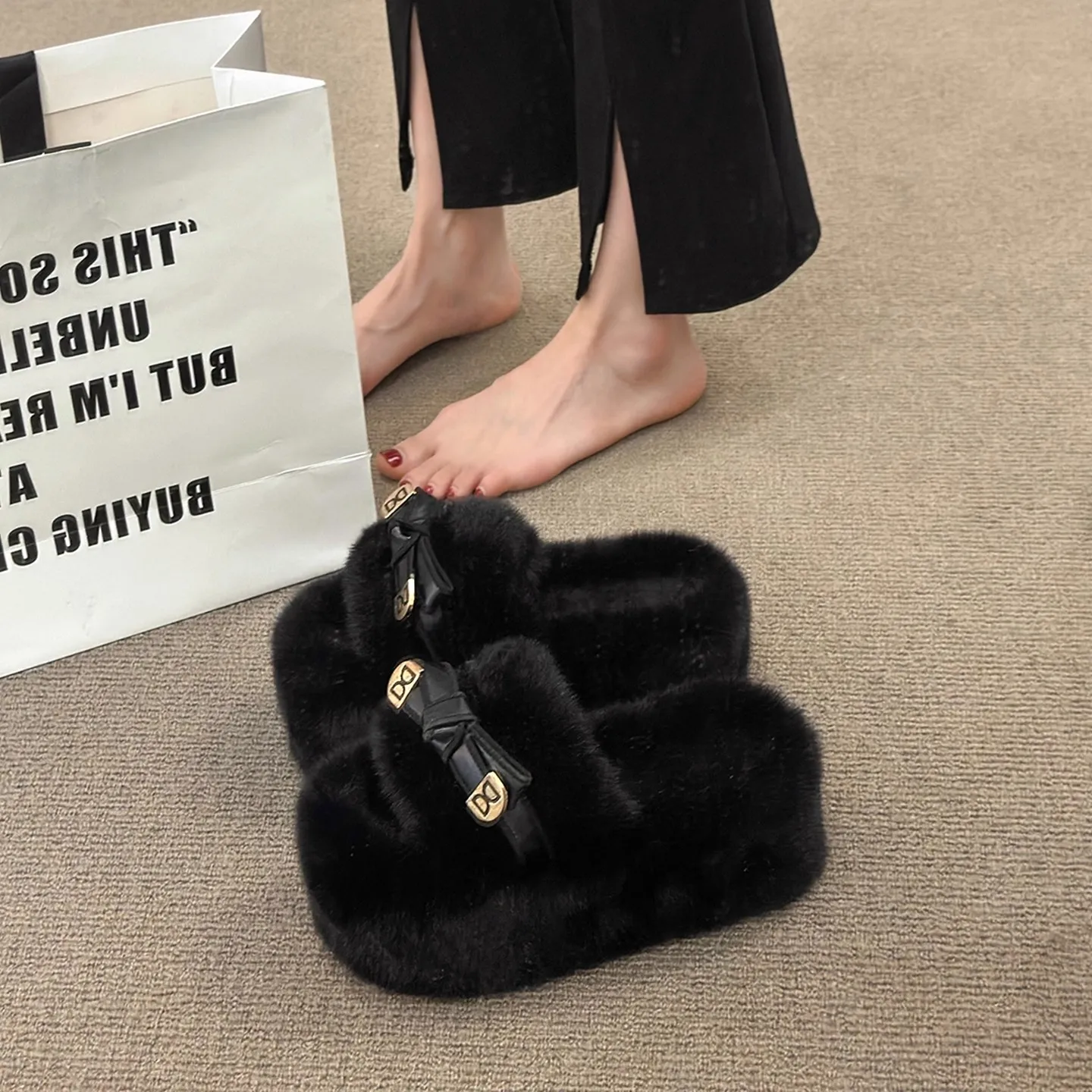 Fluffy Cotton Slippers Women's 7cm Height Increase Small Size  Knot Home Outdoor Wear Autumn Winter New Style