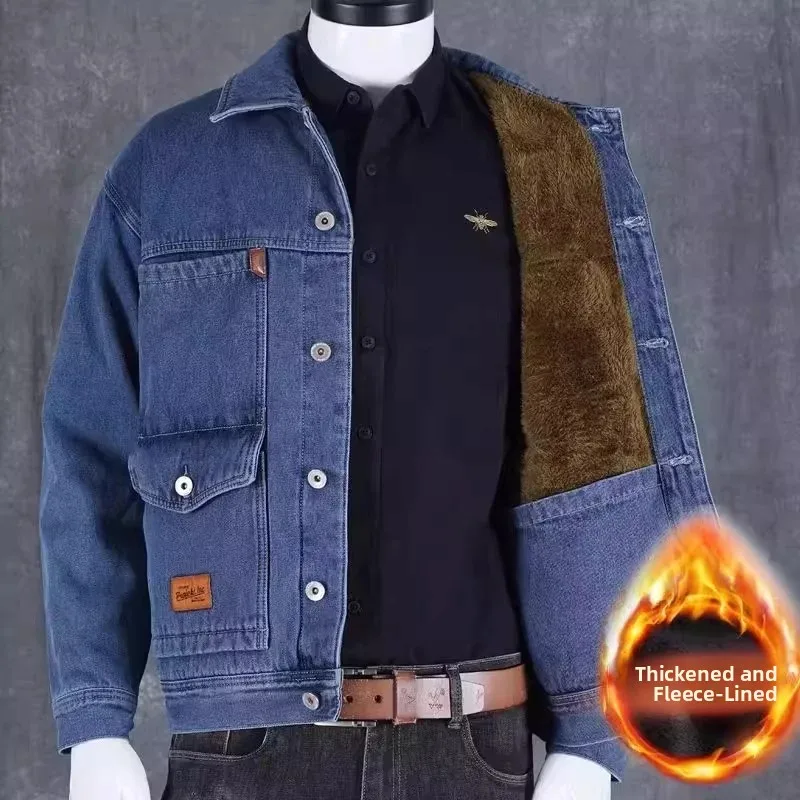 Thickened Fleece Lined Denim Jacket for Men Casual Long Sleeve Turn-down Collar Multi-pocket Wear-resistant Stain-resistant A...