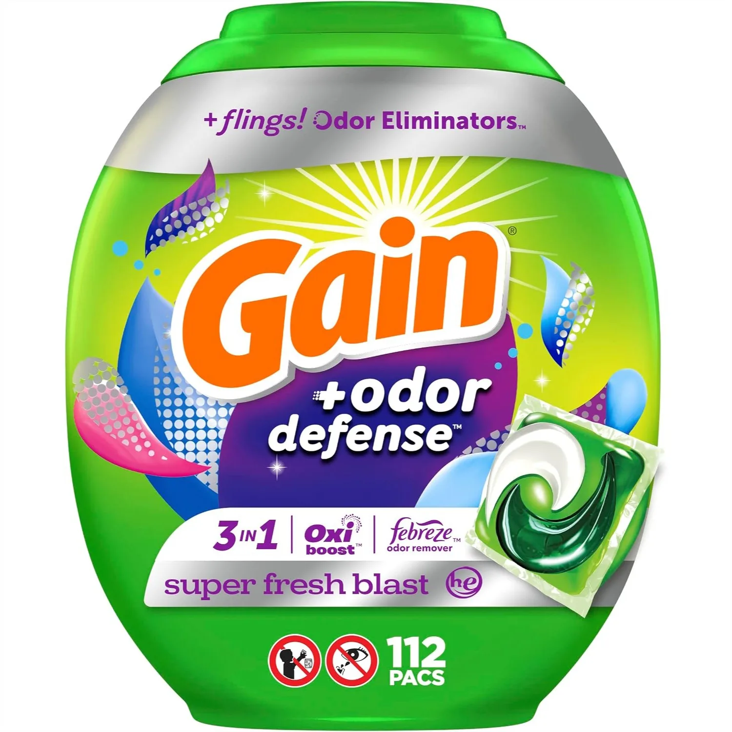 

Gain Flings Laundry Detergent Pacs 112ct Super Fresh Blast Scent with Oxi and Febreze for Odor Defense