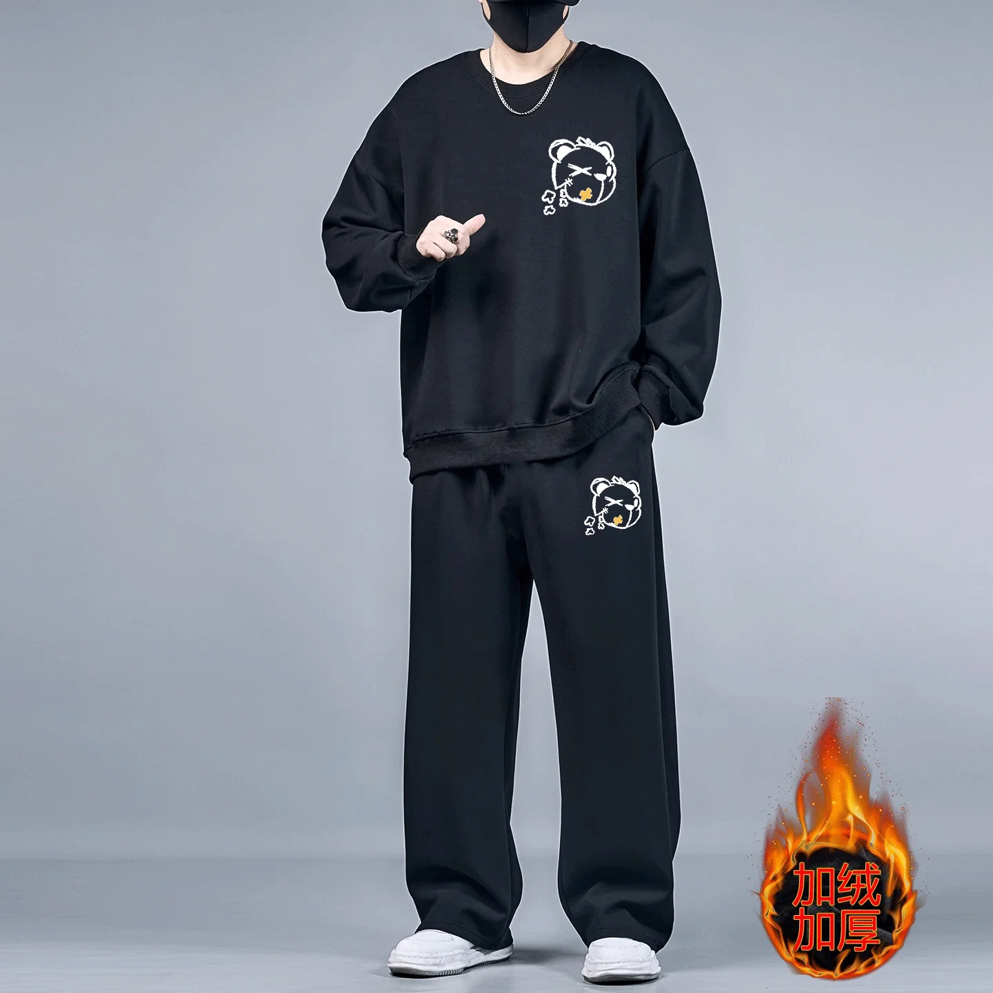 2pcs Set Men's Sweatshirts Pants Plus Size Fleece-lined Tops Sports Jogging Trousers Fashion Casual Pullover Hoodies Sweatpants