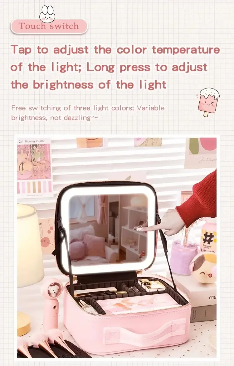 3-farbige tragbare Reise-Make-up-Tasche mit Spiegel und wiederauf ladbarer LED-Licht-wasserdicht, ohne Duft und Lithium-Batterie – Detail 4