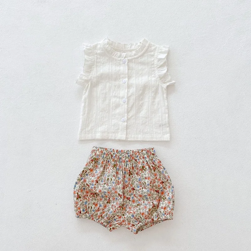 

Summer Baby Girl Clothes Set 0-3Years Newborn Kids Fly Sleeve Cotton T-shirt Tops+Flower Shorts Bottom 2PCS Outfits Casual Suit