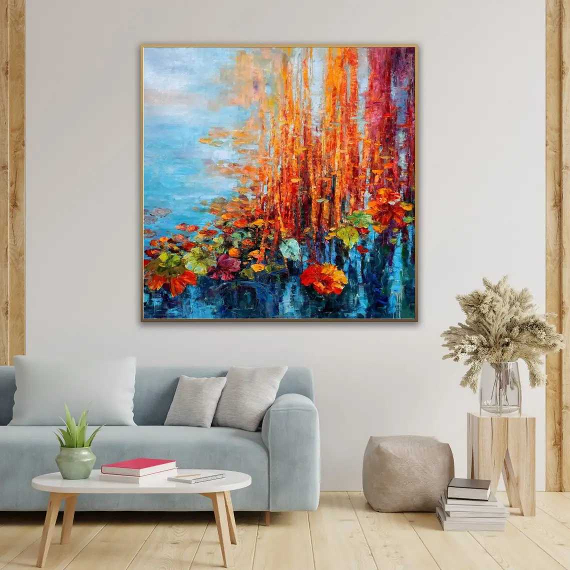 Large Hand Painted Bright Strong Color Palette Knife Square Modern Abstract Oil Painting Colorful Wall Art Handmade Painting