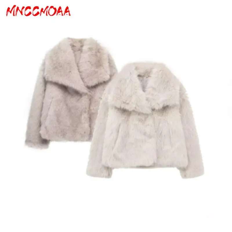 MNCCMOAA 2024 Winter Woman Fashion Loose Warm Faux Fur Short Jacket Coat Female Casual Long Sleeve Pockets Outerwears