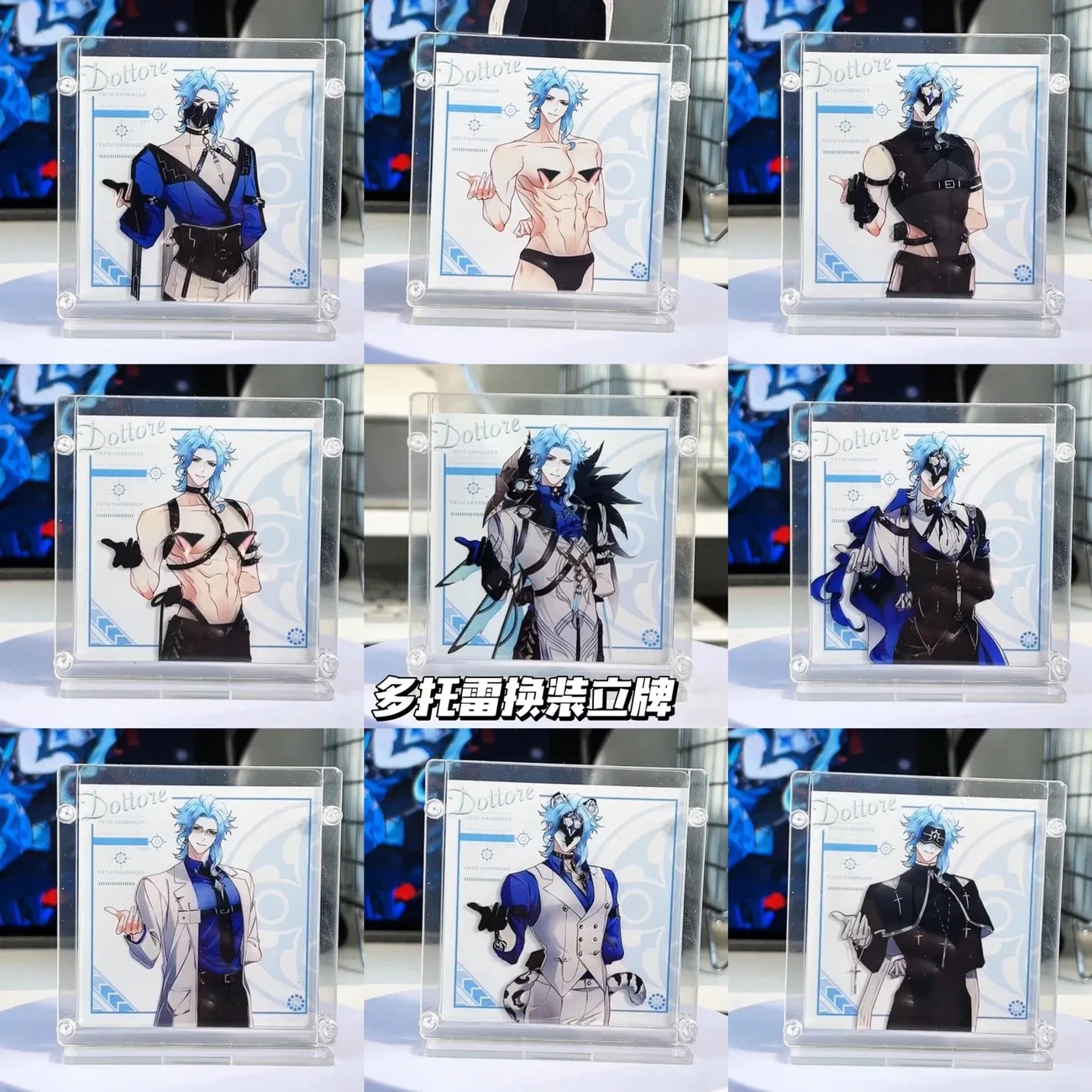 Decoração de mesa em acrílico com rosto de personagem cosplay do duo de médicos Torre, do anime Genshin Impact.