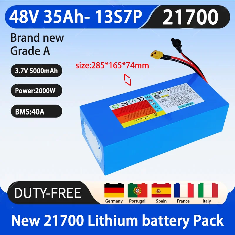 

New 48V 35AH lithium battery pack 21700 13S7P 0-2000W motor, built-in BMS 40A rechargeable cycle battery