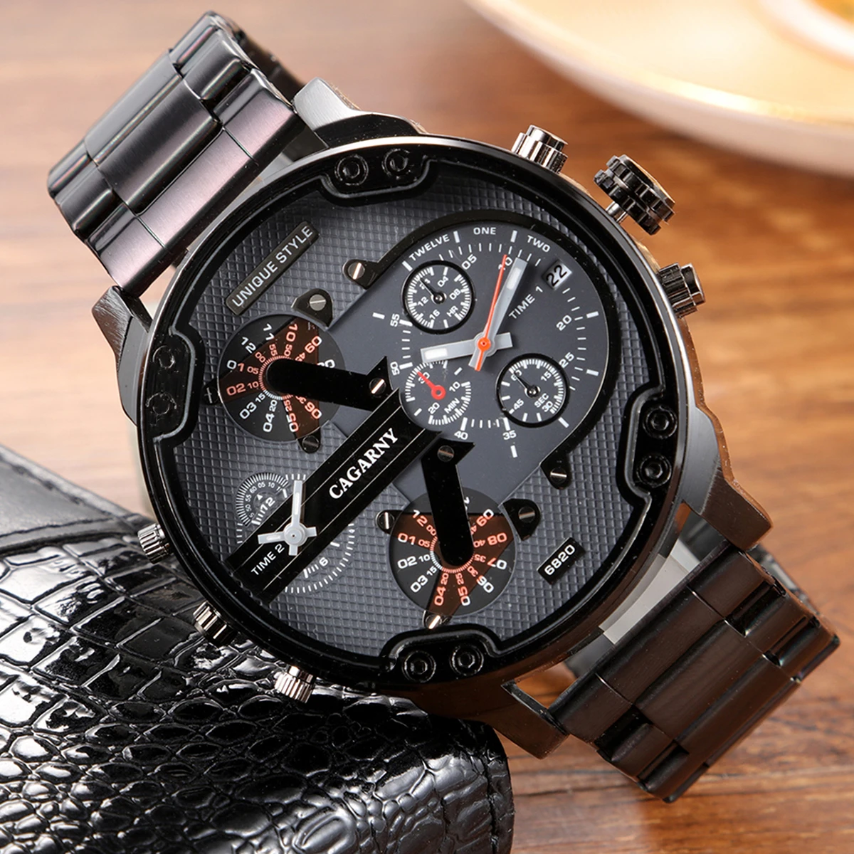 CAGARNY Original Brand Big dial 6820 Stainless Steel dual time zone Man Watch Date Waterproof Fashion Casual Men's Quartz Watch