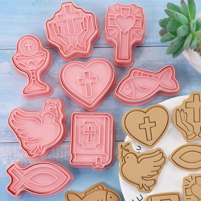 8pc Set First Holy Communion Cartoon Cookie Mold Christian Cross Baby Baptism Cookie Embosser Mold Fondant Cake Decorating Tools