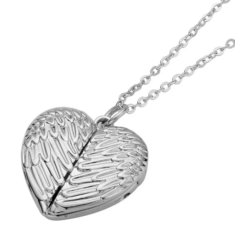 New Angel Wings DIY Flash Memory Photo Pendant Antique Heart-Shaped Locket Souvenir Necklace Fashion Women Romantic Accessories