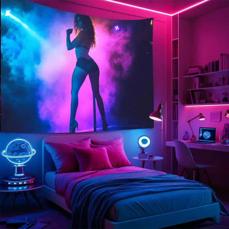 VIKAMA Neon Silhouette Dancer Tapestry Blue Pink Smoke Pole Dancing Wall Hanging Exotic Indie Bedroom Room Art Decor Poster