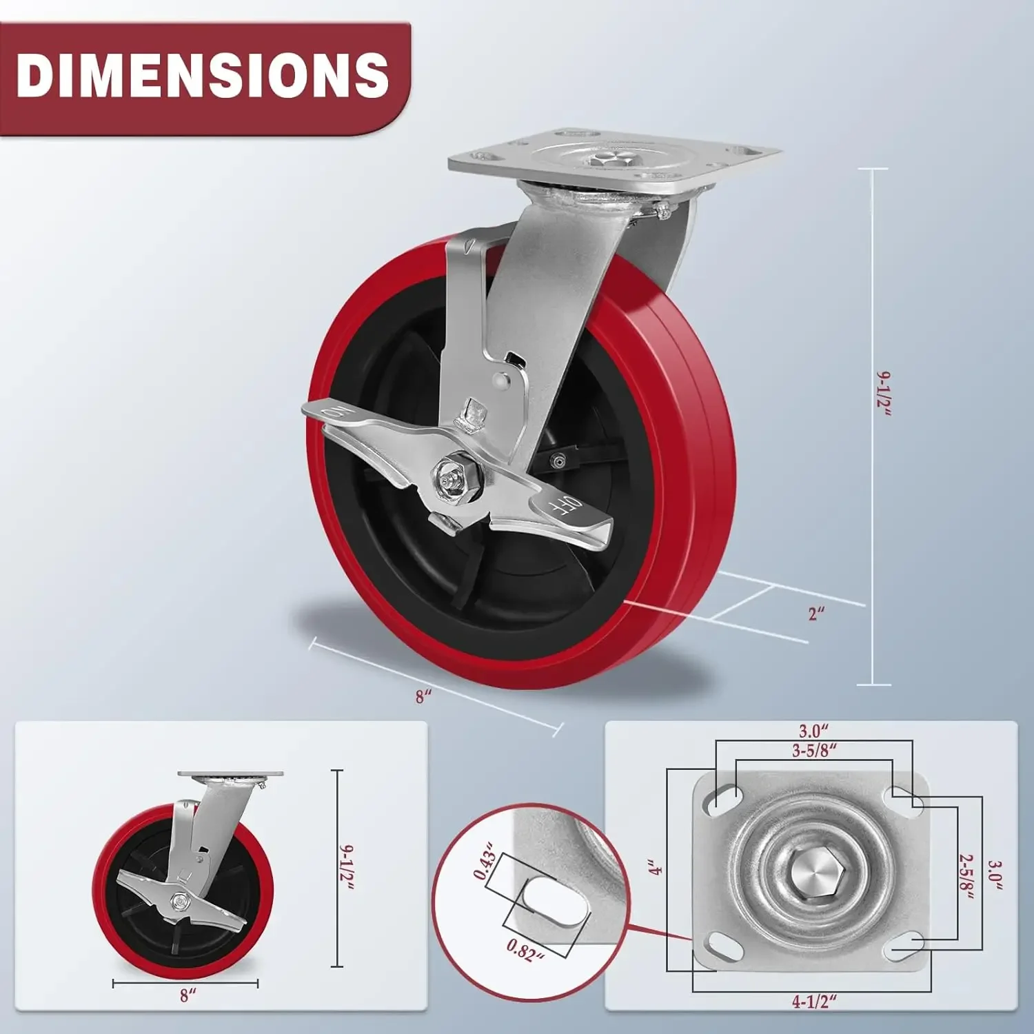 Heavy Duty Casters Set of 4, Polyurethane Caster Wheel on Industrial Polyolefin Center Core,Load Capacity 4000lbs, Caster Wheels