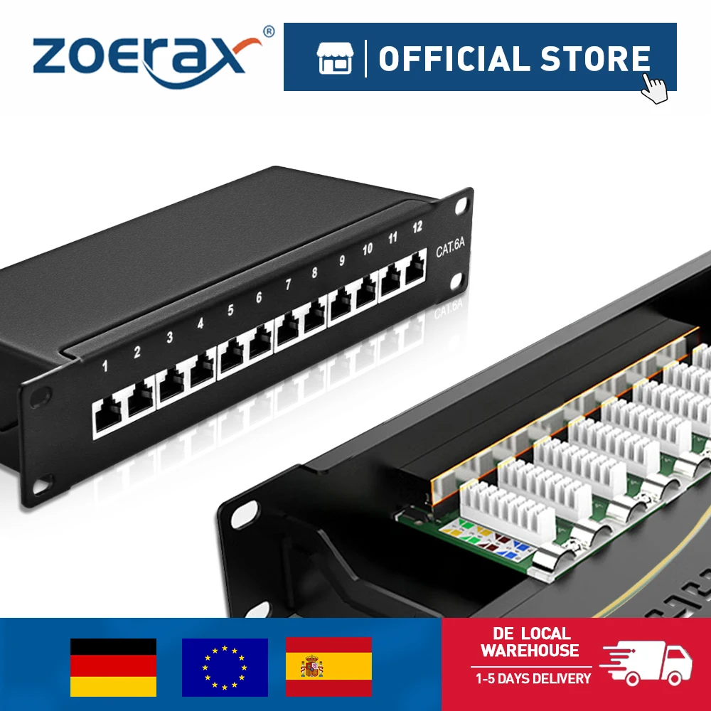 ZOERAX CAT6a 12/24-Port-Patchpanel, 10 Gbit/s, abgeschirmtes Metall-Netzwerkpanel, 1 HE-Rack-/Wandmontage, kompatibel mit CAT5e/6/6a/7 Kabeln