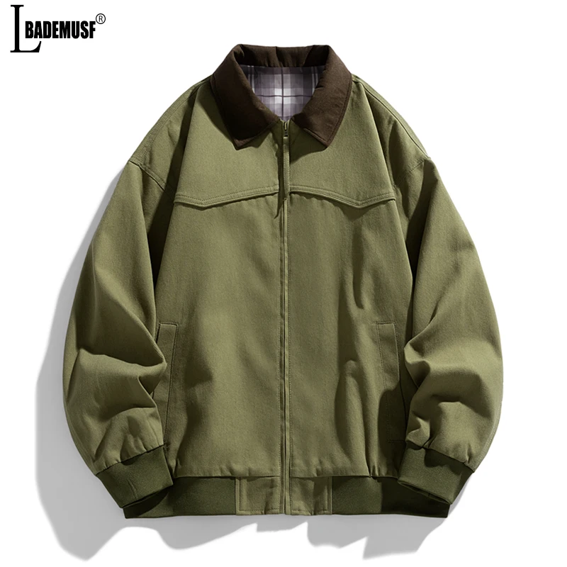 2024 New Street Retro Style Man Tops Loose Stand Collar Color Blocking Coats Spring Autumn Simplicity Solid Color Jacket Man