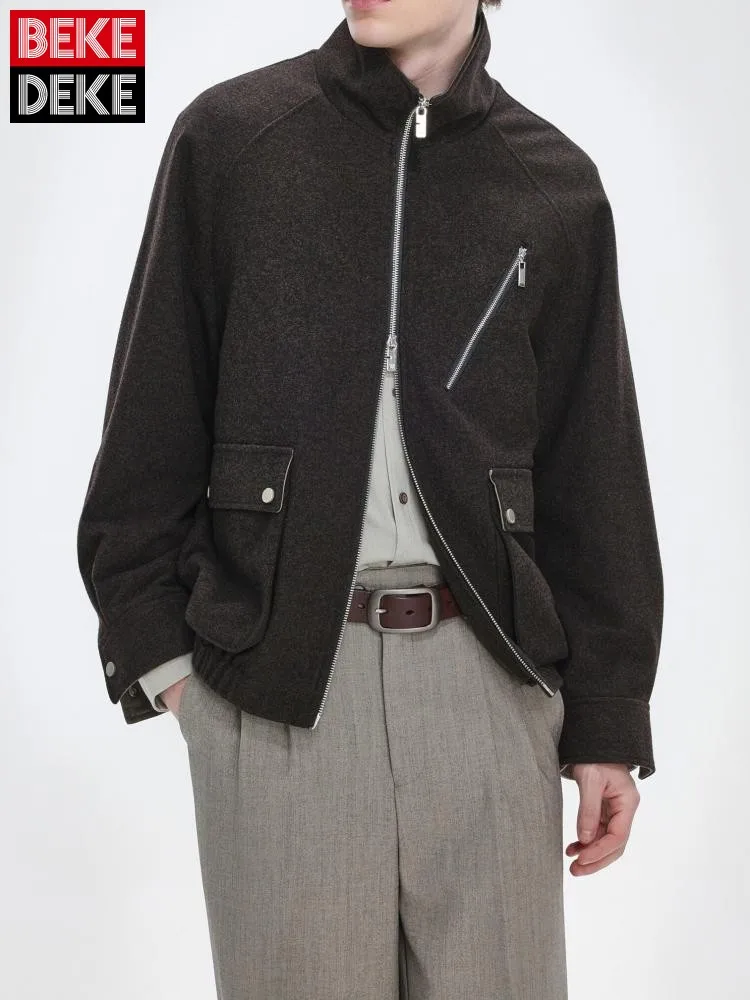 Streetwear Versatile Mens Stand Collar Long Sleeves Jacket Fashion Solid Color Zipper Male Pockets Outerwear