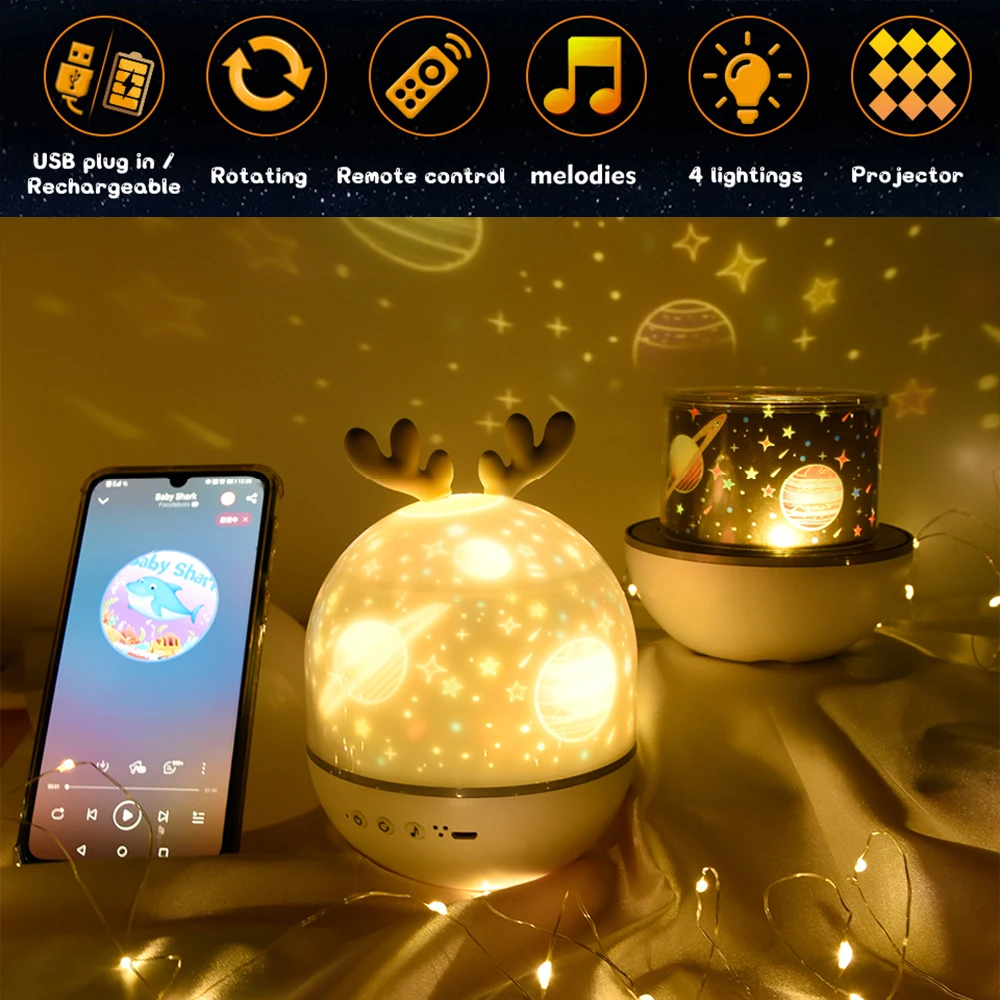 Starry Sky Projector Night Light With Speaker Remote Controller Rechargeable Rotate Colorful Star Lamp Kids Baby Birthday Gift