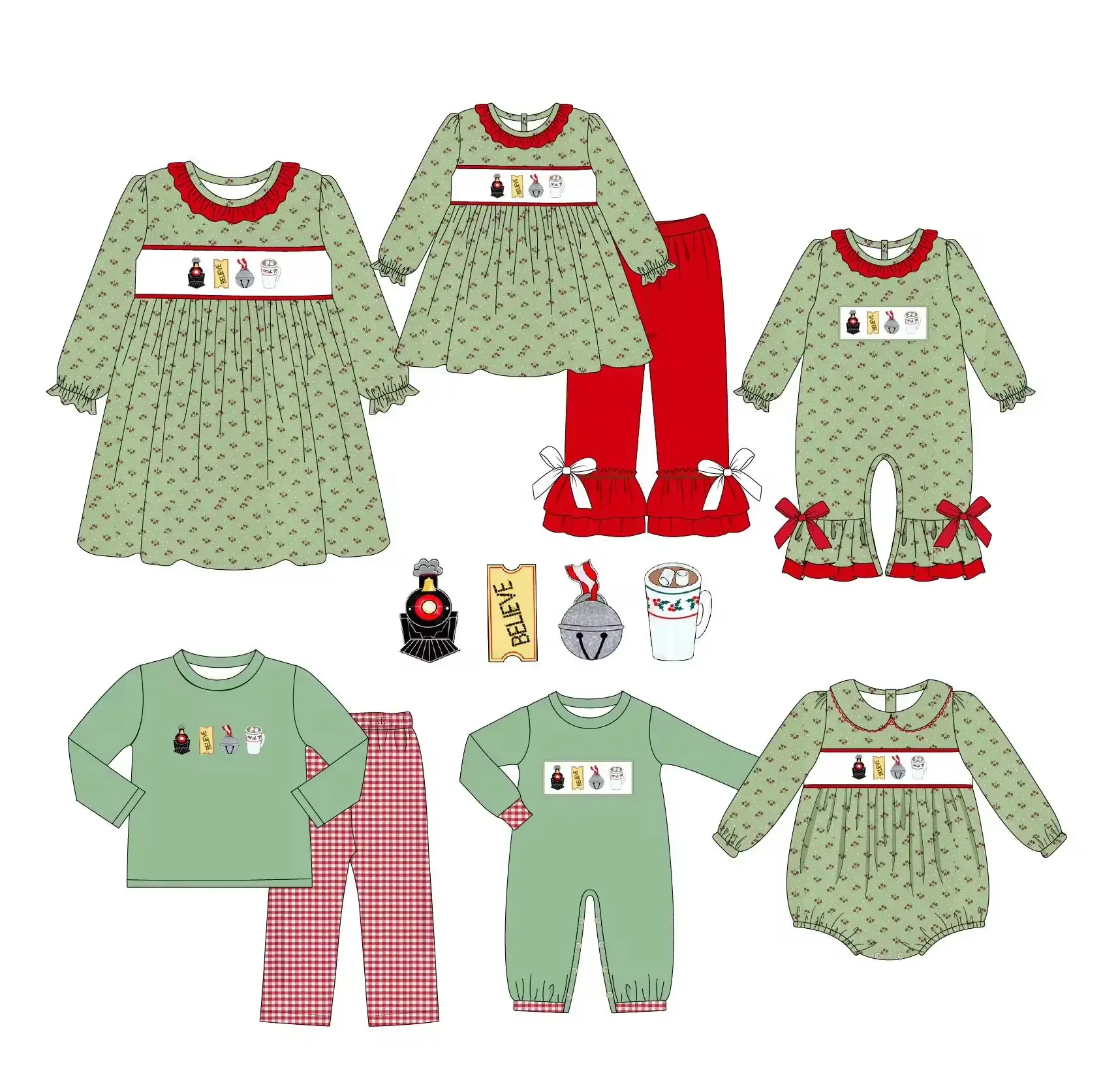 Christmas new boutique children set long-sleeved elastic floral train print trousers lace girl boy plaid trouser set baby romper