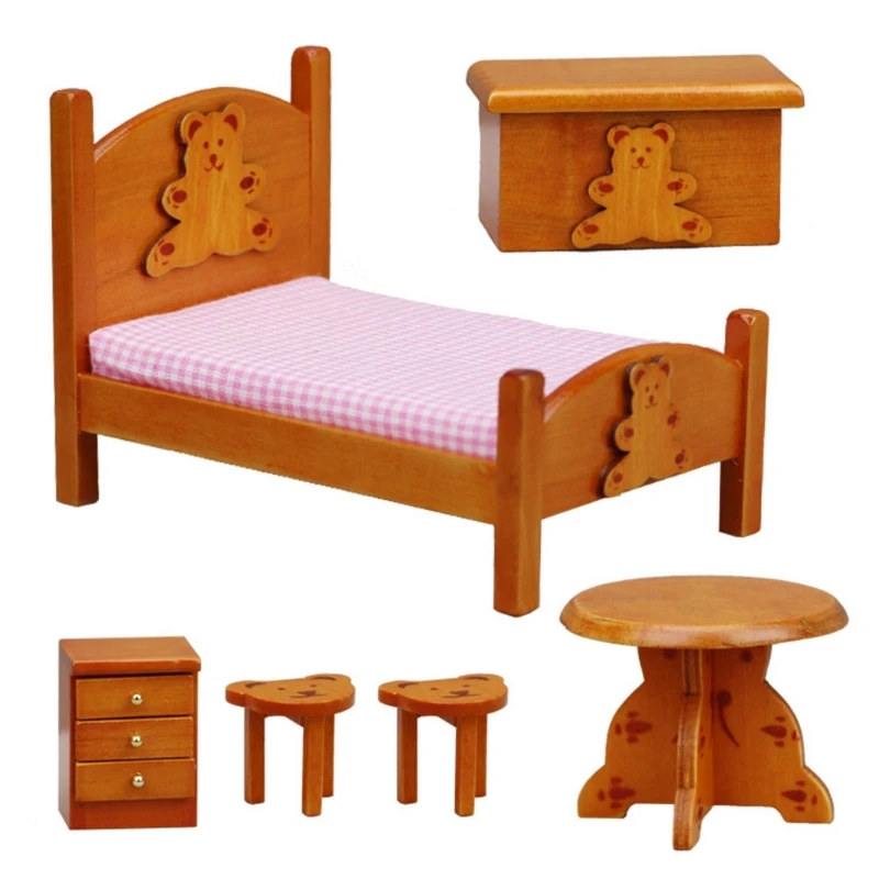

1/12 Scale Children Dollhouse Wooden Bed Miniature Model Cute Bear Mini Bedside Table Stools Dollhouse Bedroom Scene Furnitures